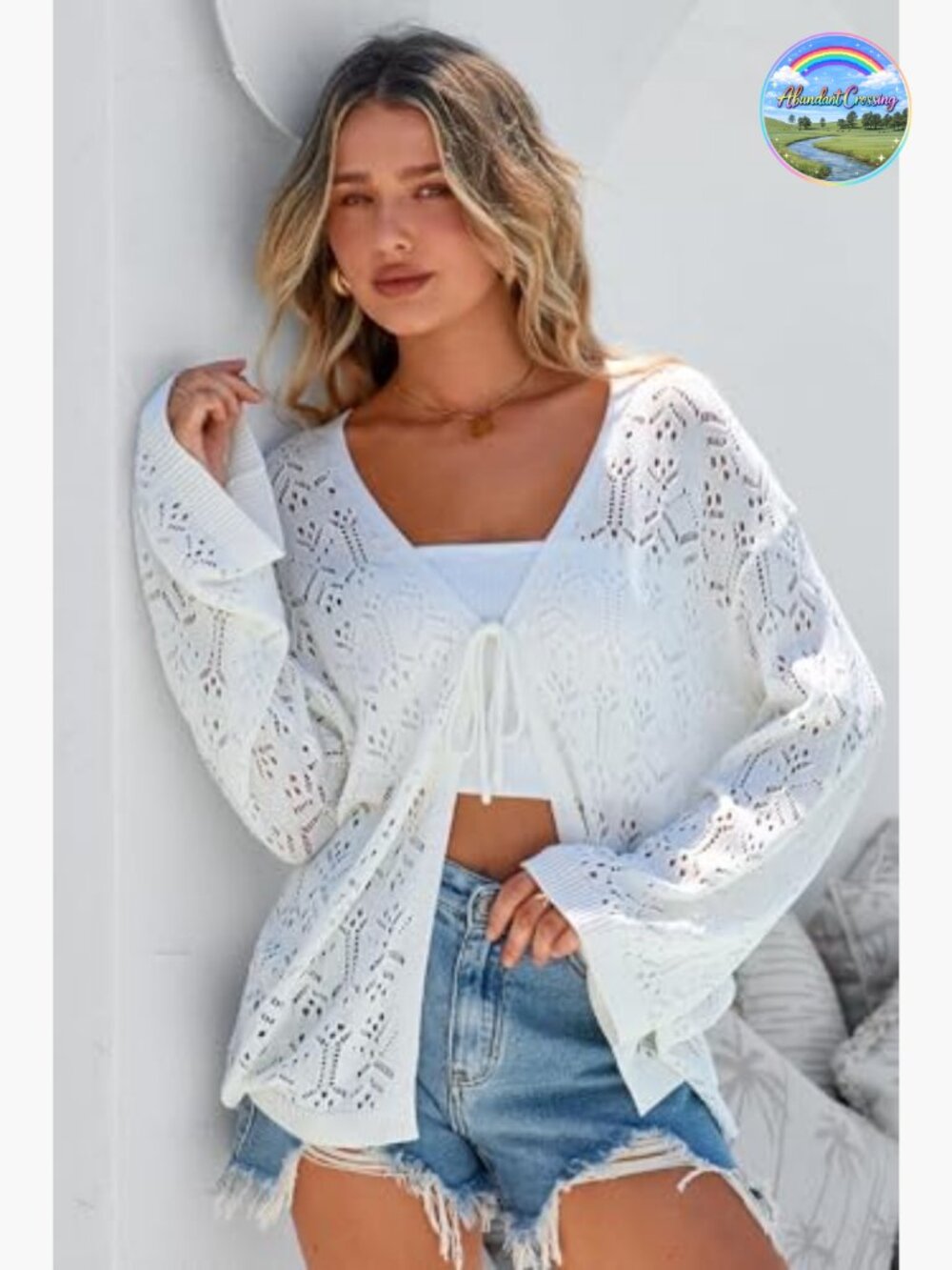 Women's Linen Blend Crochet Cardigan Lightweight Boho Cover Up Beach Resort Wear - Picture 2 of 6